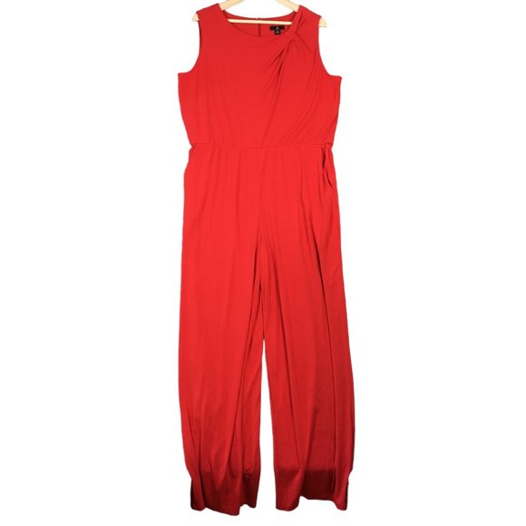 J Jason Wu Jumpsuit XL Solid Red Sleeveless City Knit Pockets Wide Leg Ruched - Picture 3 of 16